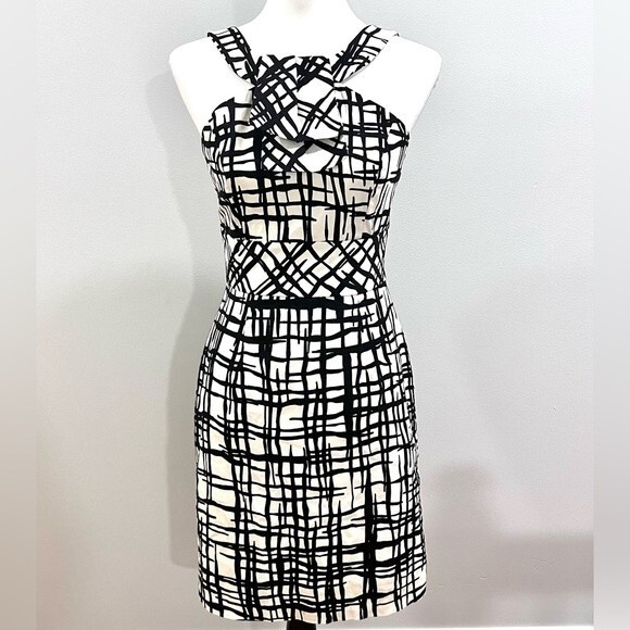 Eliza J black and white abstract print cotton high neck career dress size small - Picture 1 of 6